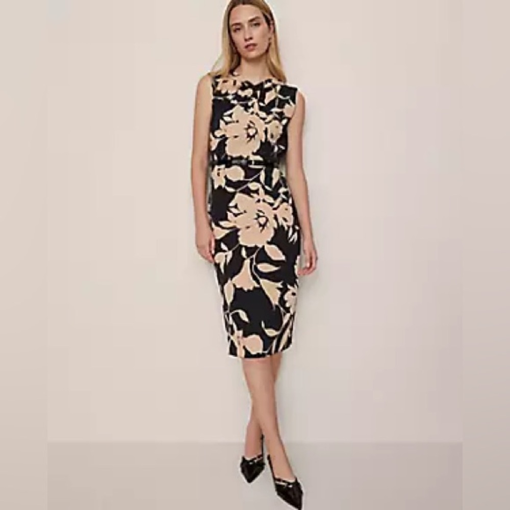 Ann Taylor Black Midi Dress with Beige Floral Print